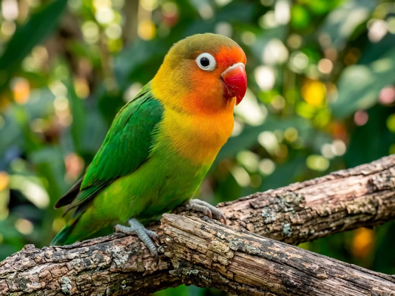 Agapornis fischeri de color ancestral posado en una rama, con la cara naranja, la coronilla verde oliva, el anillo ocular blanco, el pico rojo y el cuello amarillo dorado