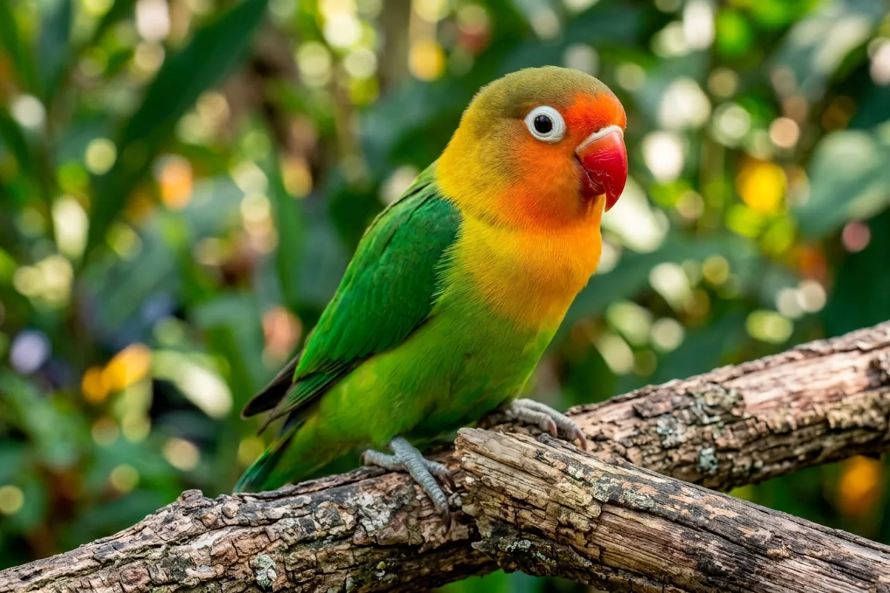 Agapornis fischeri posado en una rama, con la cara anaranjada, el anillo ocular blanco y el pico rojo característicos de esta especie de Agapornis