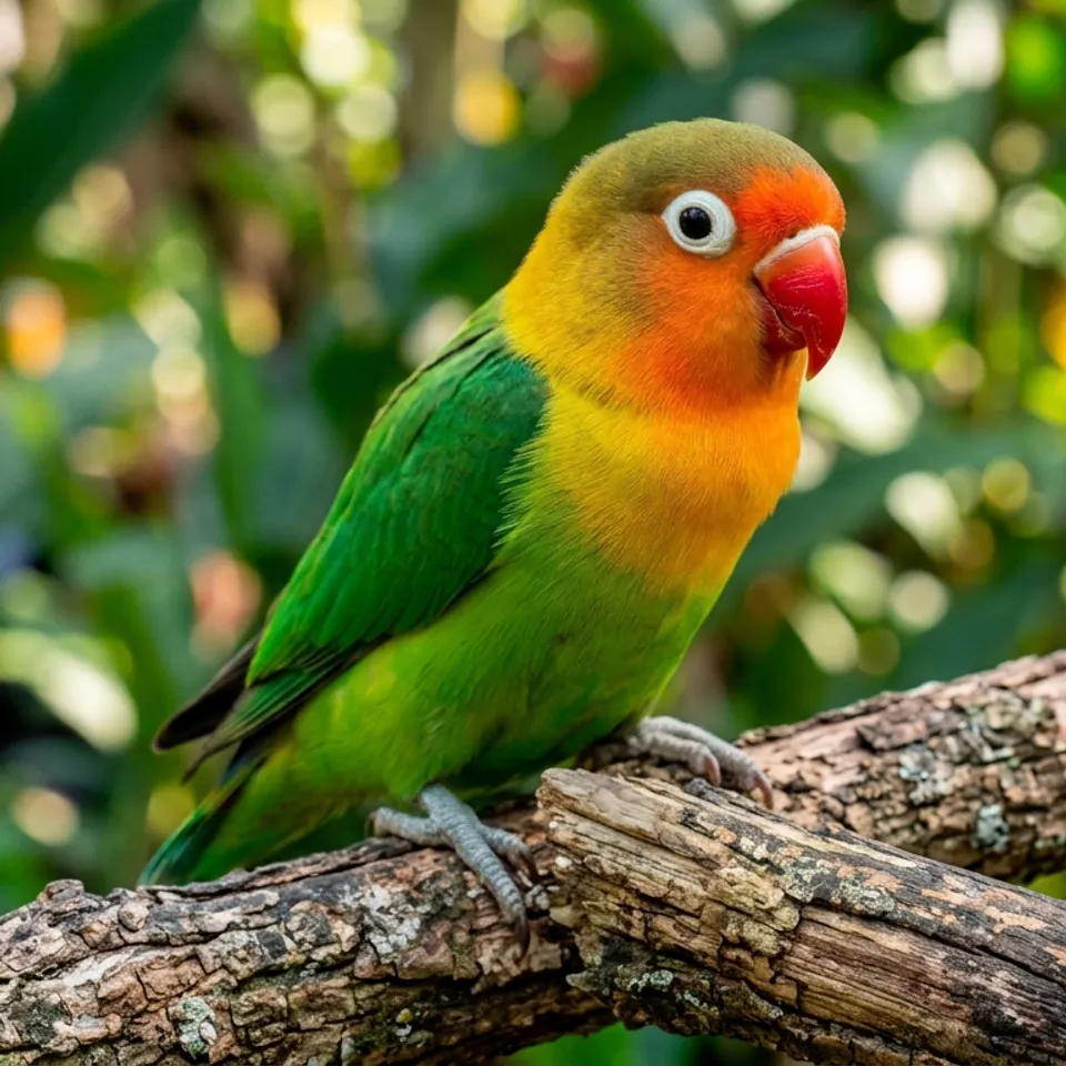 Agapornis fischeri, o inseparable de Fischer, posado en una rama con la cara anaranjada, el anillo ocular blanco y el pico rojo de esta especie de Agapornis