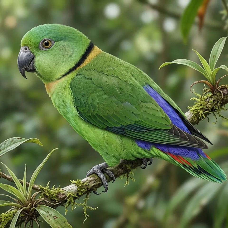 Agapornis swindernianus posado en una rama de selva, especie de Agapornis conocida también como inseparable, con la banda negra de la nuca bien visible